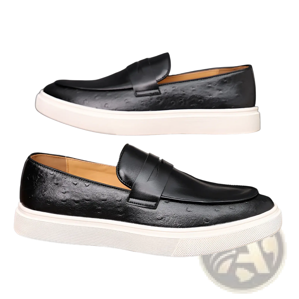 Men’s British style black ostrich-embossed leather loafers with white rubber sole for formal and casual wear