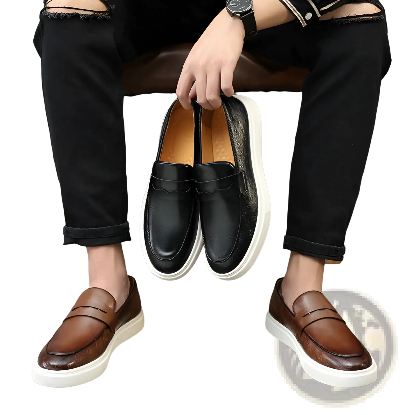 Men’s british style embossed leather loafers in black and brown with white rubber soles for classic elegance