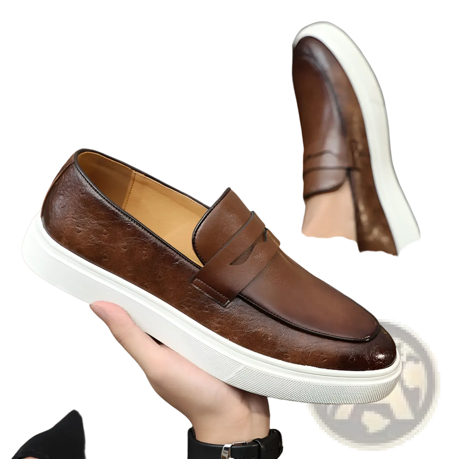 Men’s British style embossed brown leather loafers with textured surface and white rubber soles