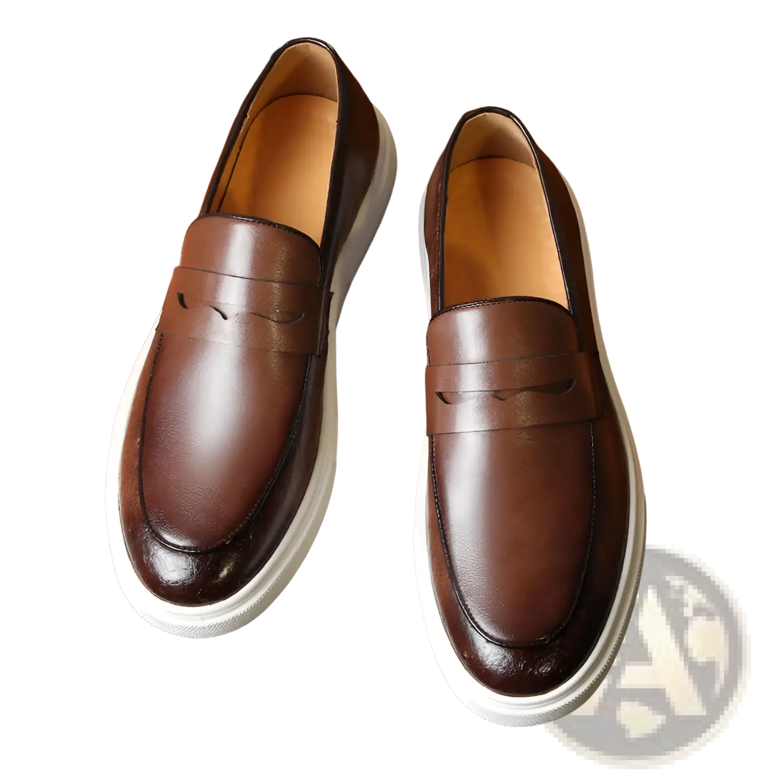 Men’s British style embossed brown leather loafers with white rubber sole and decorative stitching