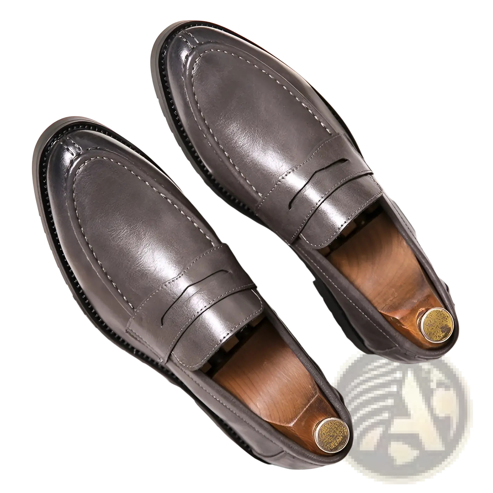 Dark gray leather slip-on loafers with classic penny loafer design and visible stitching for mens british style microfiber suede and leather loafers