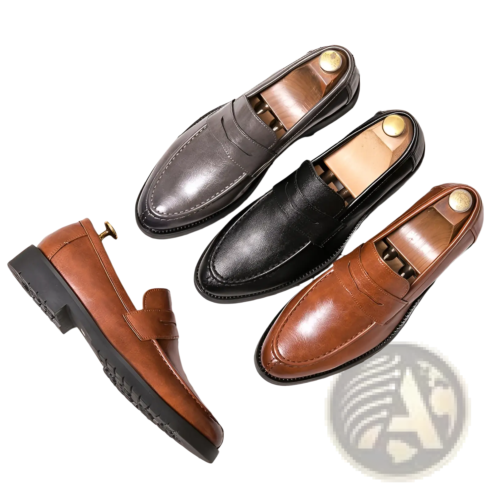 Three pairs of men’s british style leather loafers in brown black and gray with classic slip-on microfiber suede design