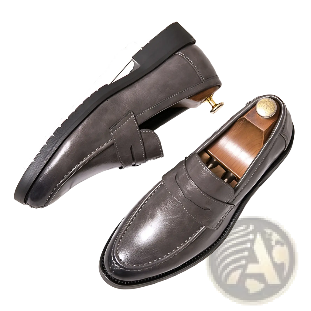 Men’s British style dark gray microfiber suede loafers with classic slip-on design and black rubber soles