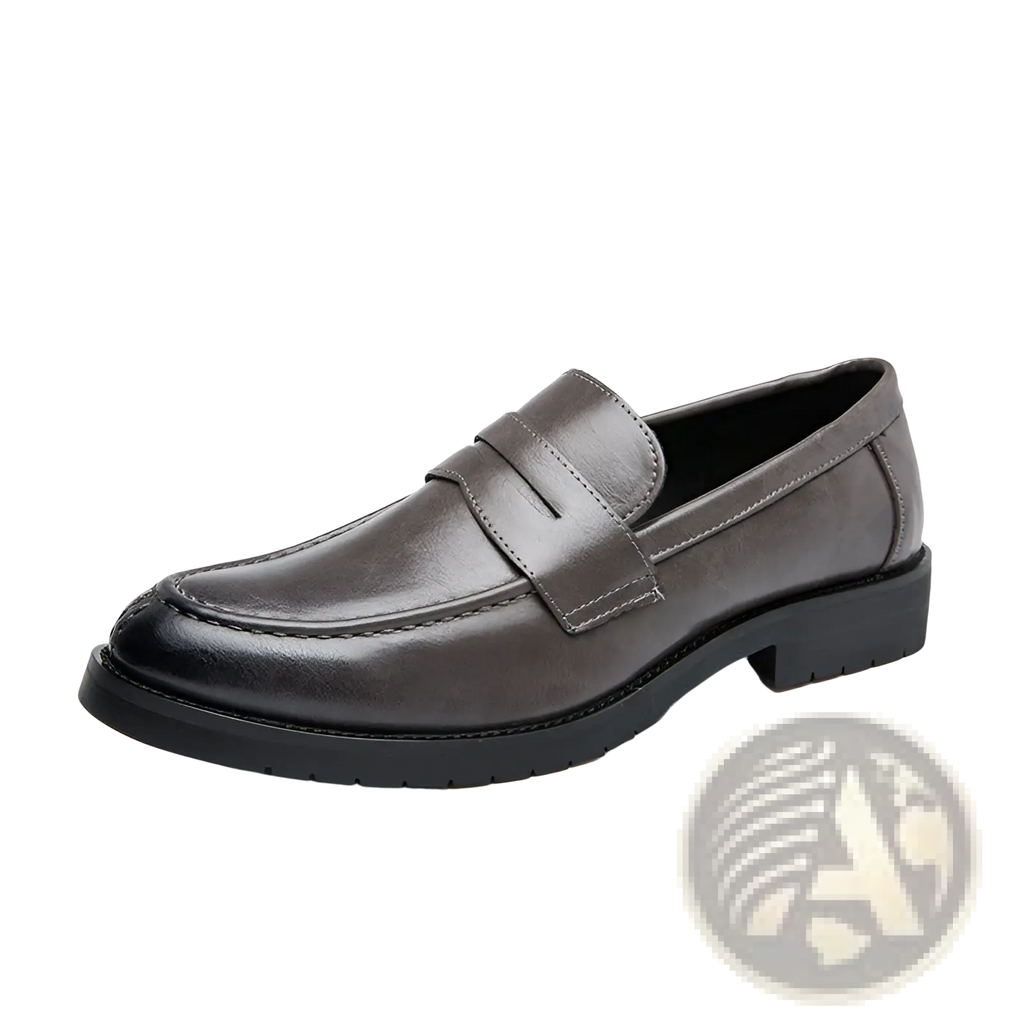 Men’s British style dark gray leather loafer with classic slip-on design and black rubber sole