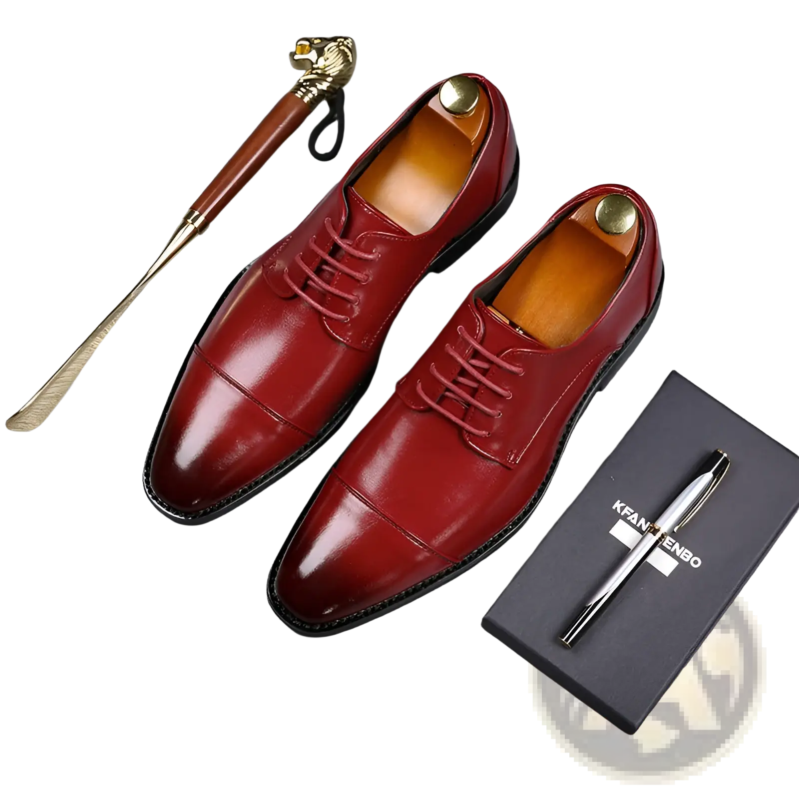 Men’s British style pointed toe faux leather business shoes in polished red with cap toe and gold-toned shoe trees