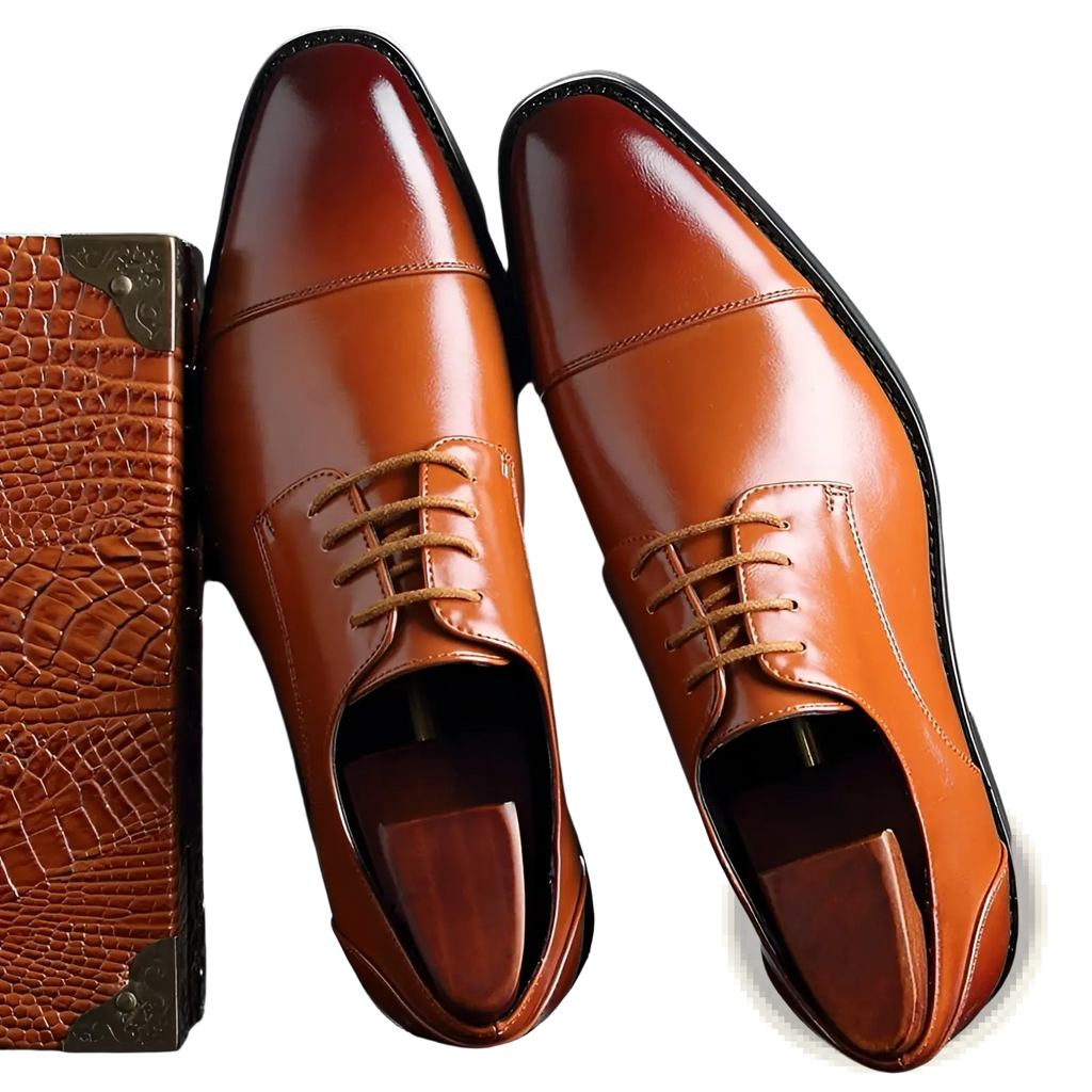 Men’s British style polished brown faux leather lace-up dress shoes with classic cap-toe design and pointed toe