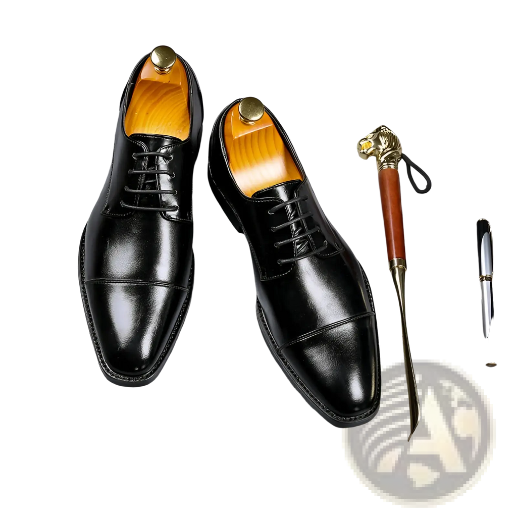 Black leather men’s dress shoes with polished finish and cap toe design for british style business wear