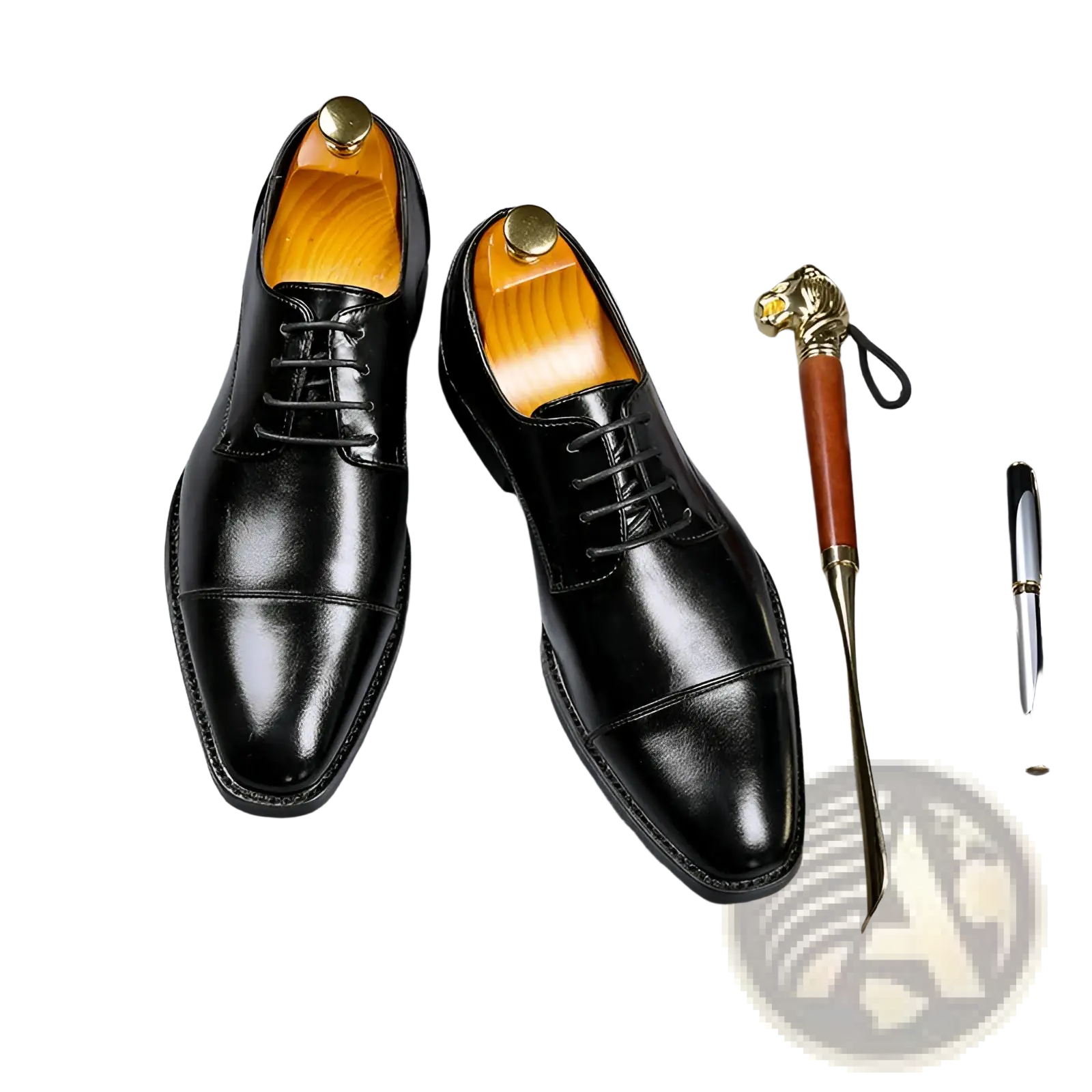 Black leather men’s dress shoes with polished finish and cap toe design for british style business wear