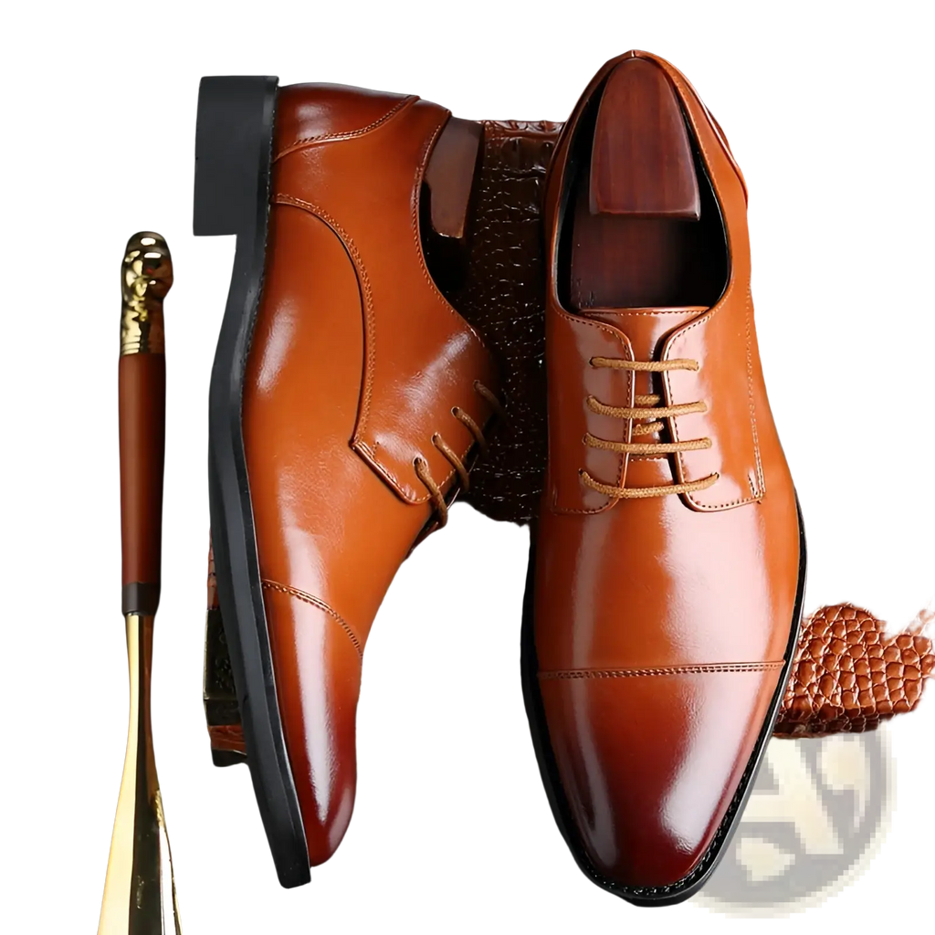 Men’s British style pointed toe brown polished faux leather dress shoes with cap toe design and matching laces