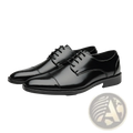 Men’s British style black patent leather lace-up dress shoes with polished finish and classic cap-toe design
