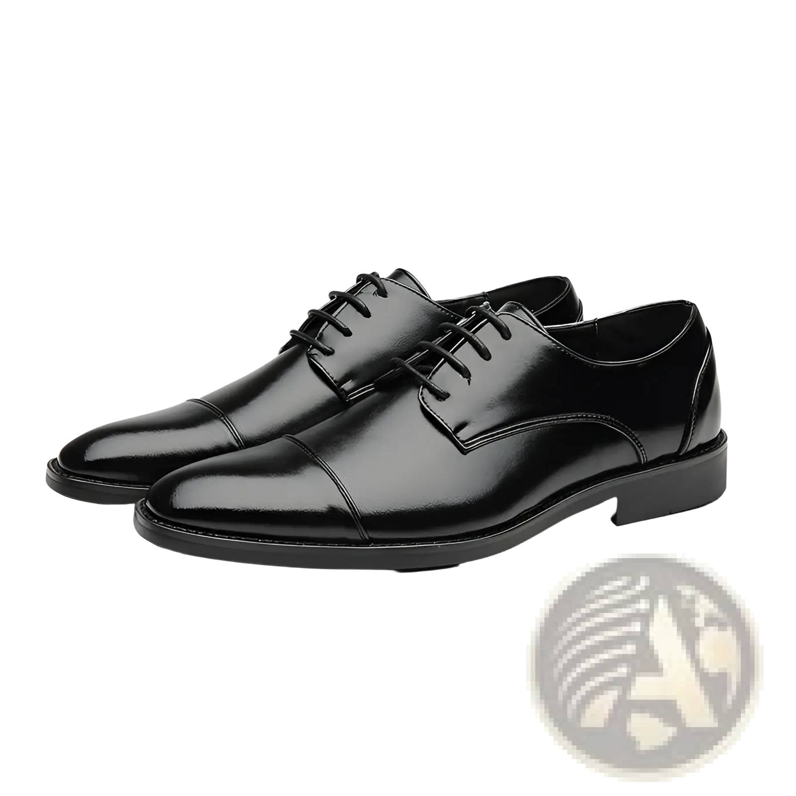 Men’s British style black patent leather lace-up dress shoes with polished finish and classic cap-toe design