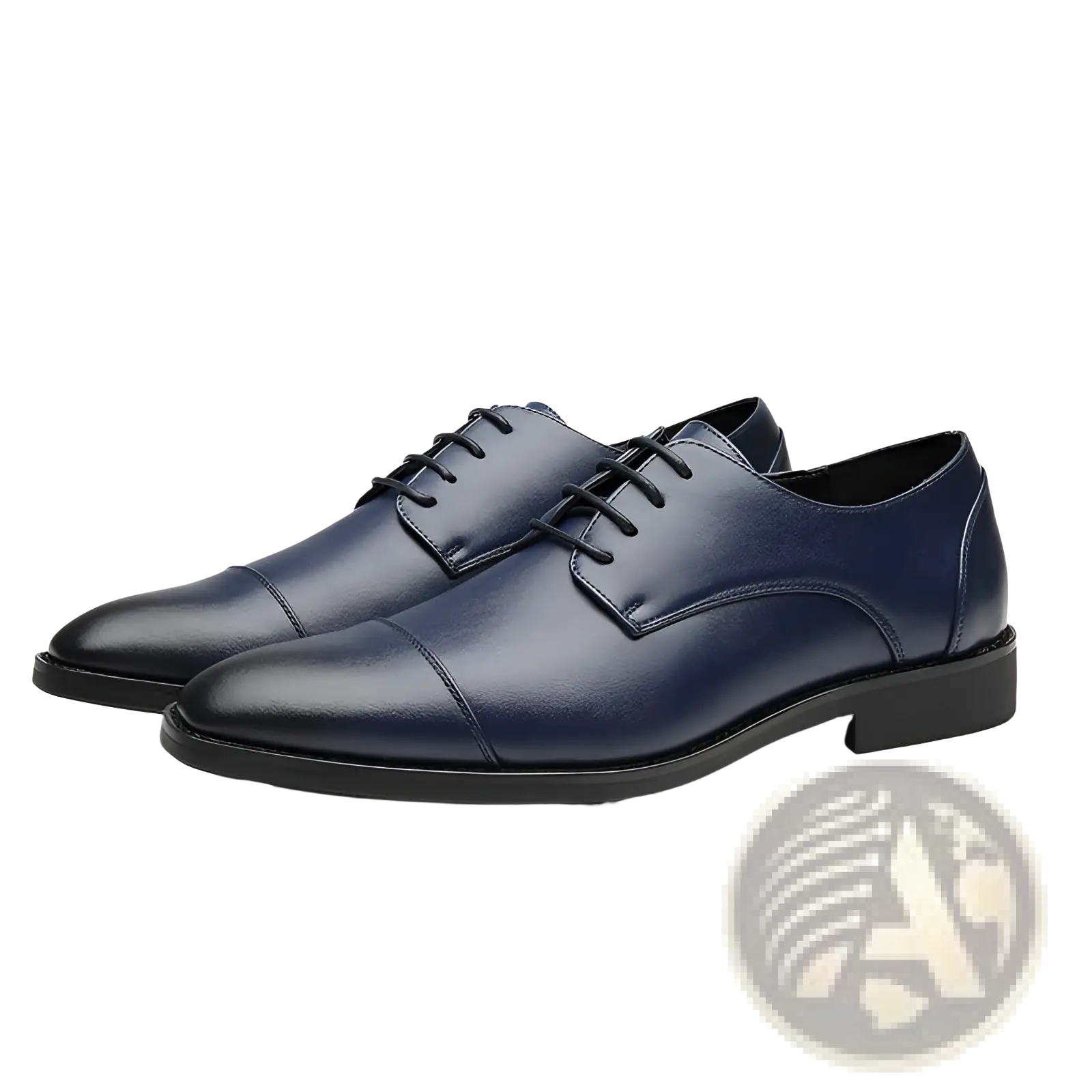 Men’s British style dark blue faux leather dress shoes with classic cap-toe design and black lace-up closure