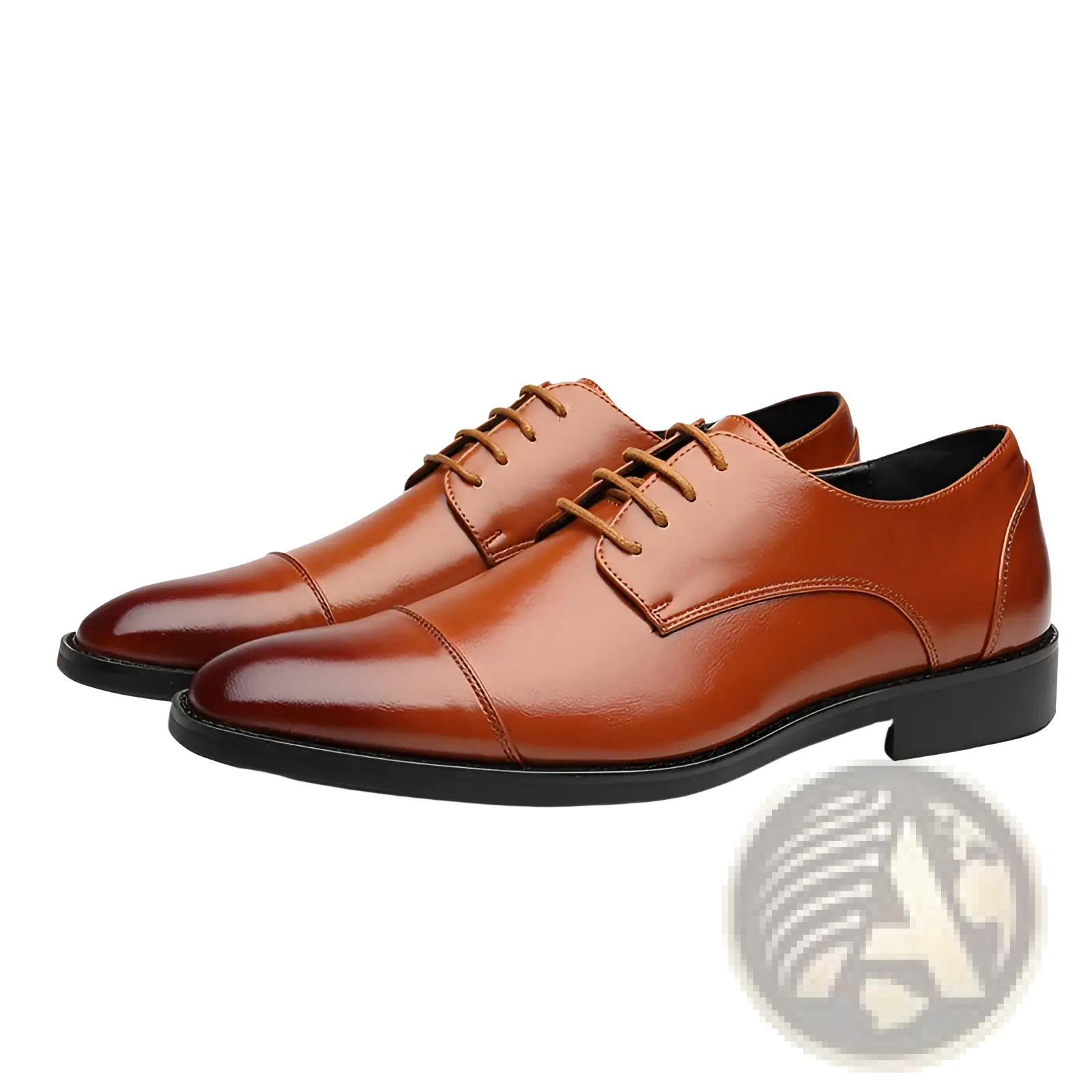 Men’s British style pointed toe brown polished faux leather business shoes with cap-toe and black soles