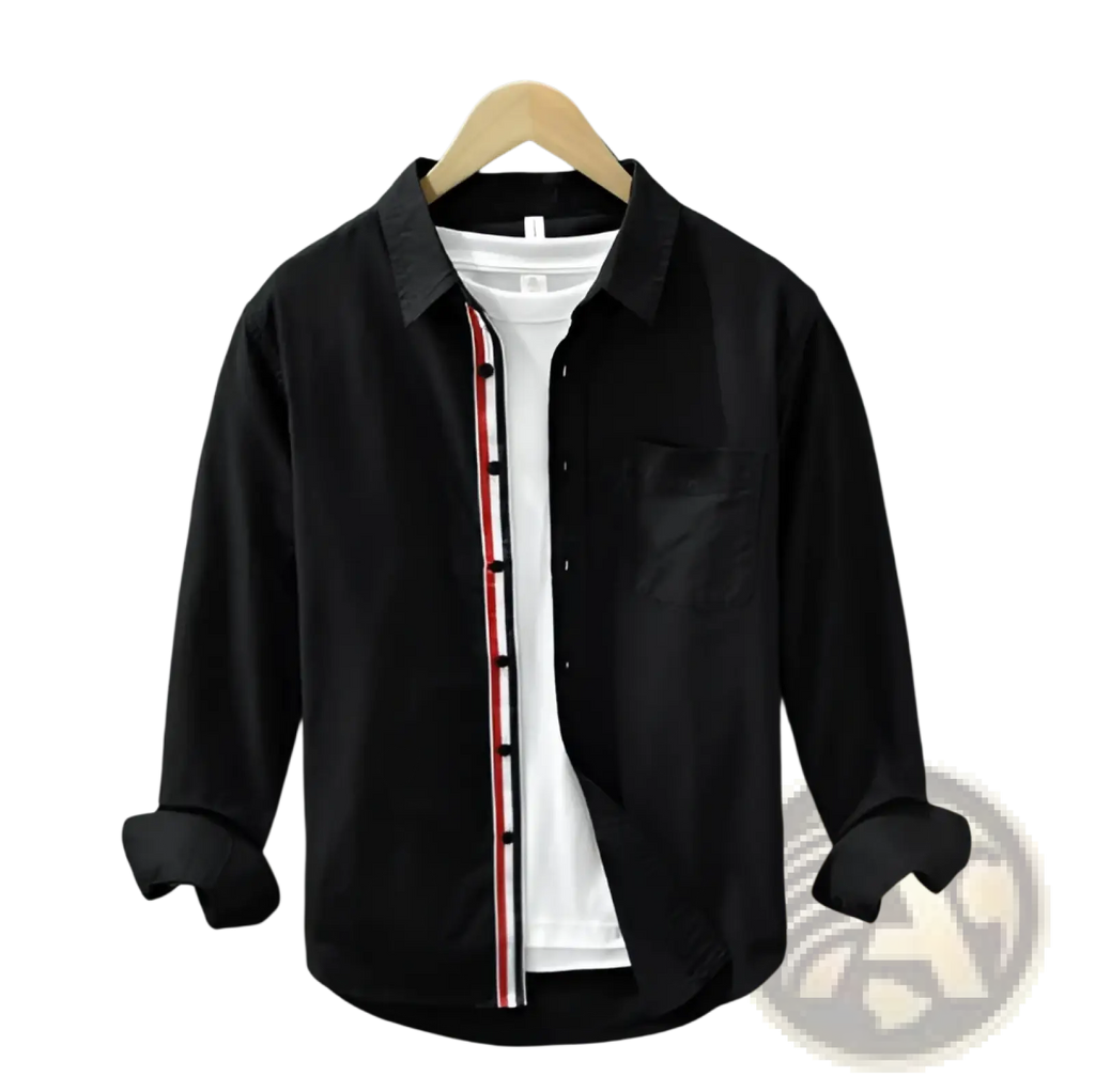 Men’s british style black oxford cotton long sleeve shirt with white inner layer and red white striped placket