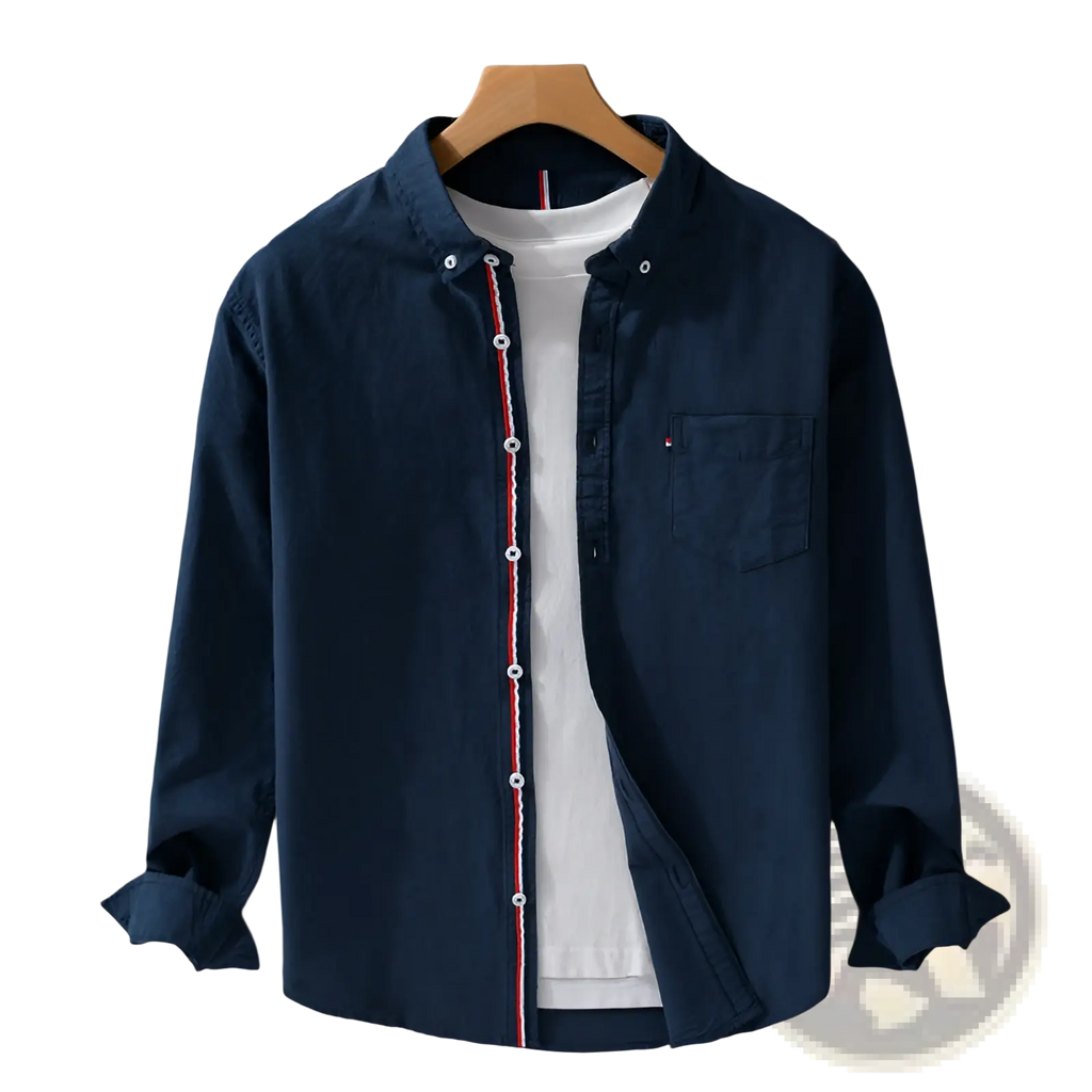 Navy blue men’s British style striped Oxford cotton long sleeve shirt with red and white placket trim