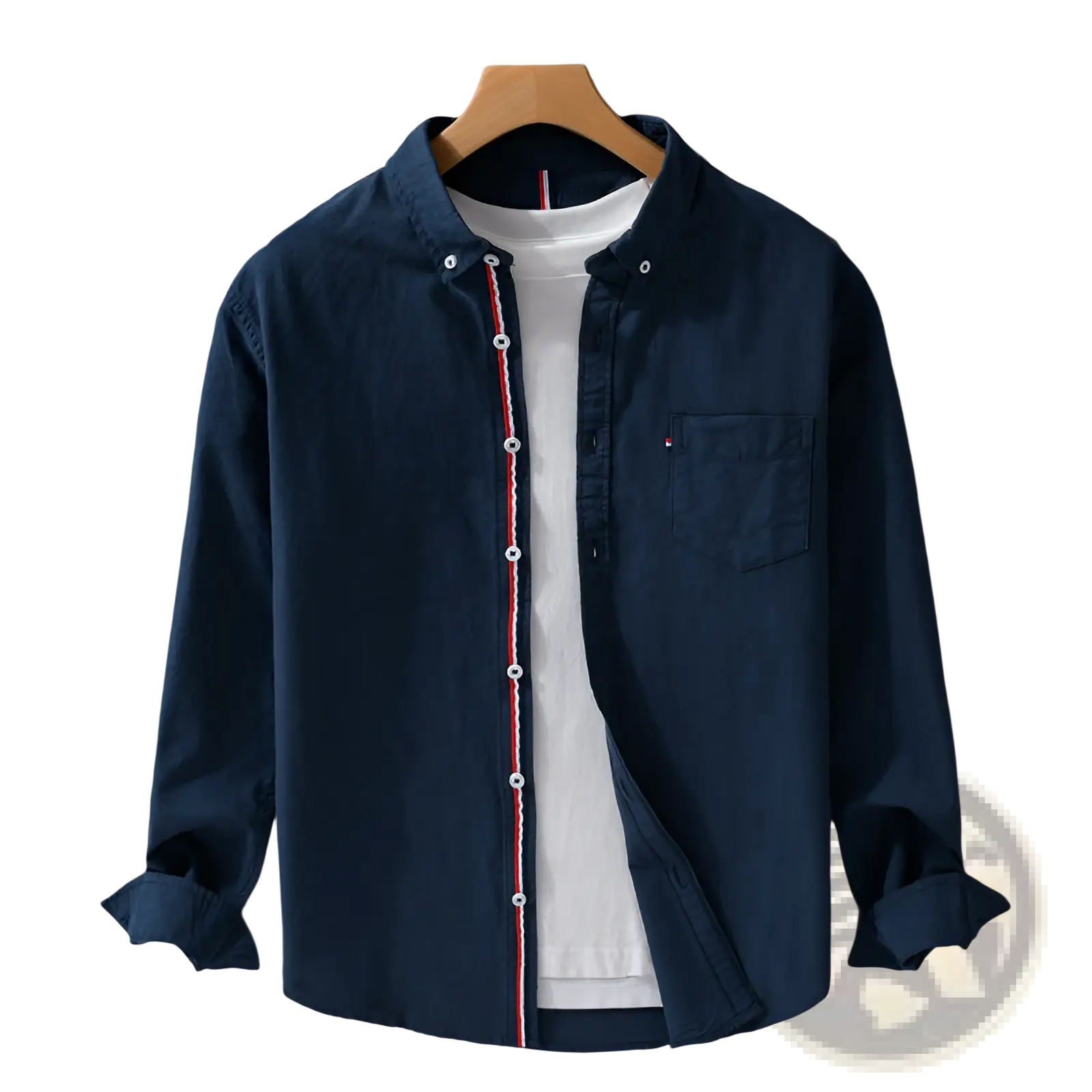 Navy blue men’s British style striped Oxford cotton long sleeve shirt with red and white placket trim