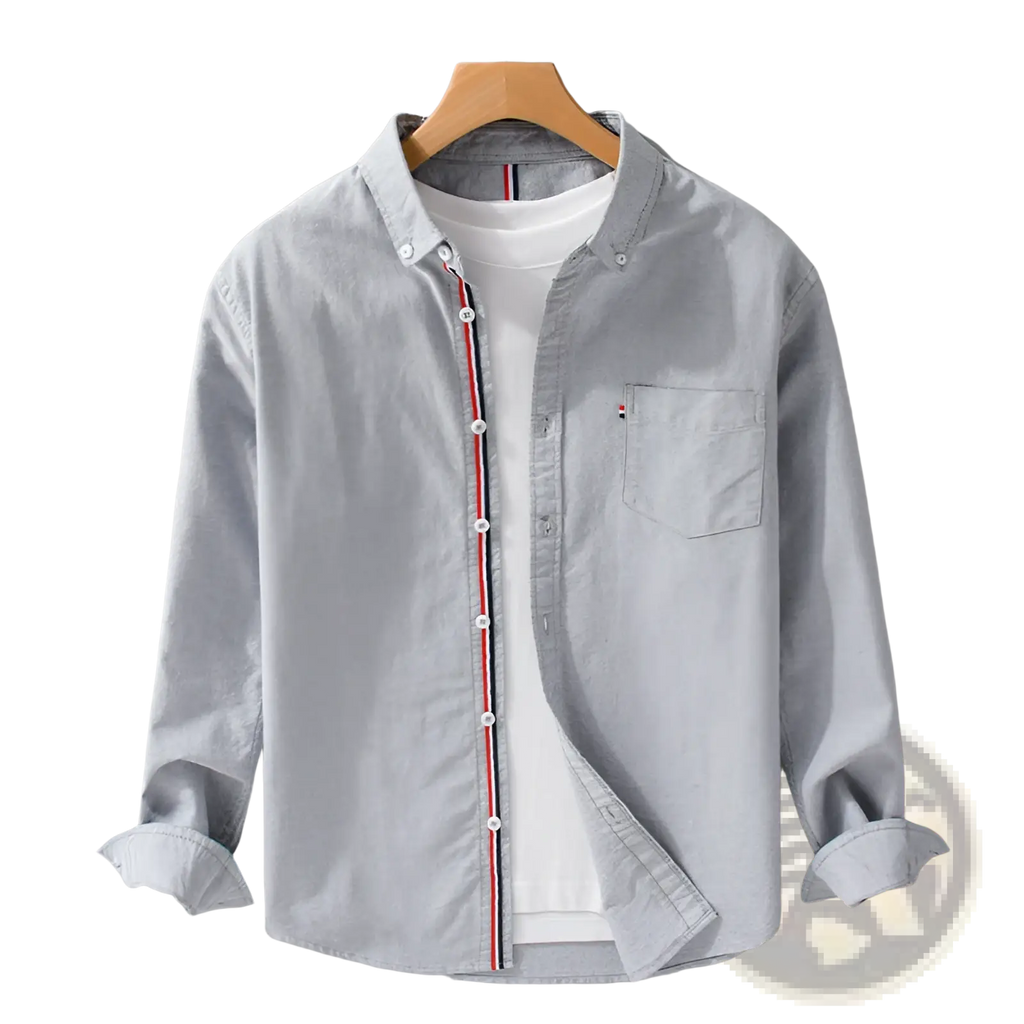 Men’s British style light gray Oxford cotton long sleeve shirt with red and navy striped placket trim and chest patch