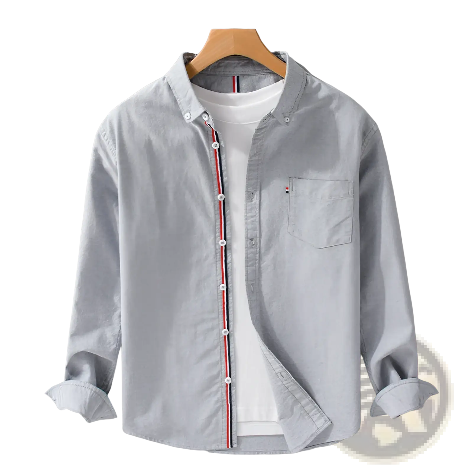 Men’s British style light gray Oxford cotton long sleeve shirt with red and navy striped placket trim and chest patch