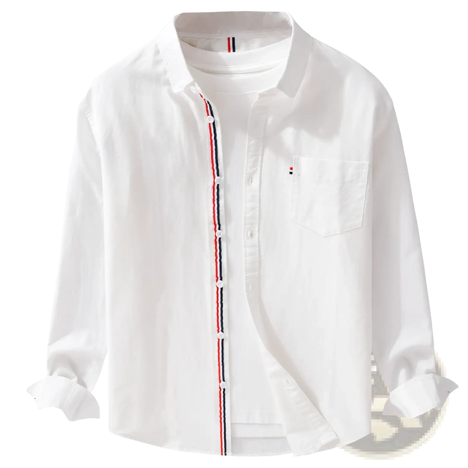 Men’s British style white oxford cotton long-sleeve shirt with red white and blue striped placket trim
