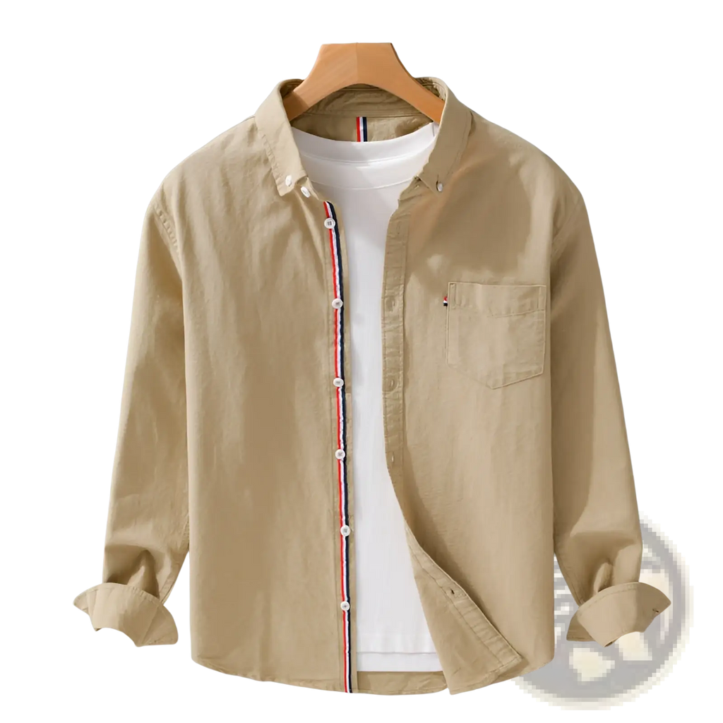 Men’s British style beige Oxford cotton long sleeve shirt with red white and blue striped placket trim and white inner tee
