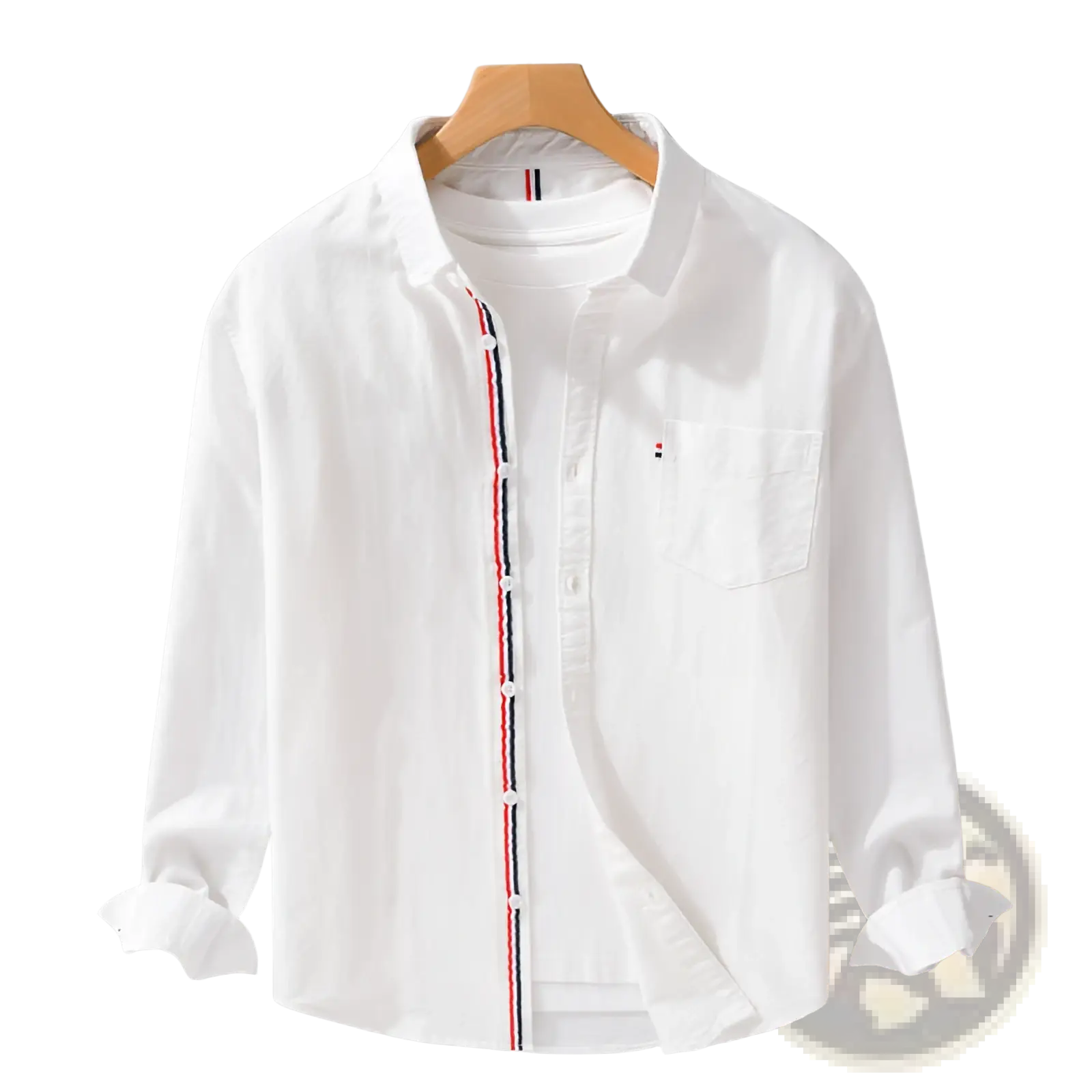 Men’s British style white oxford cotton long sleeve shirt with red white and blue striped placket trim and chest logo