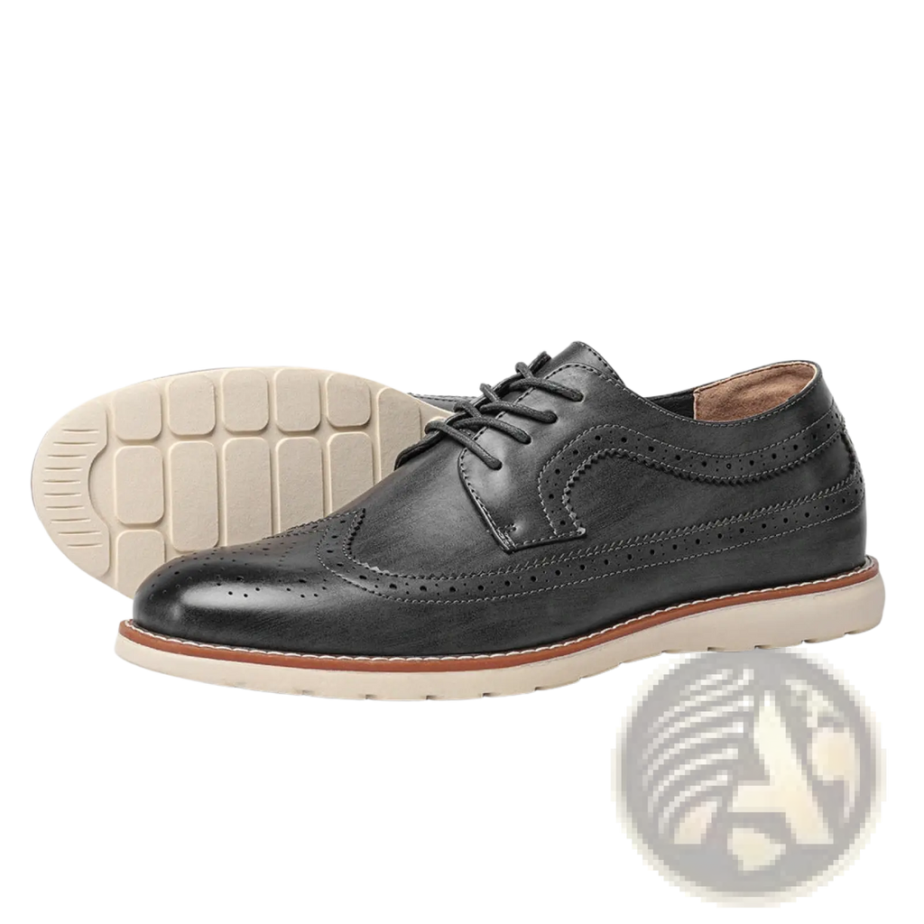 Men’s brogue casual black leather oxford shoe with perforated detailing and cream-colored lightweight rubber sole