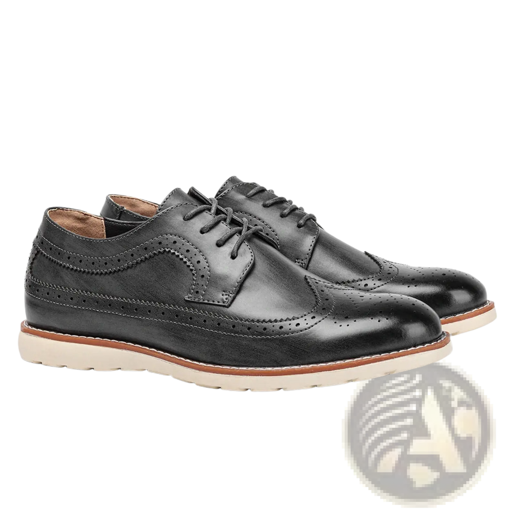 Men’s brogue casual leather sneakers in black with perforated detailing and a contrasting tan sole, lightweight design