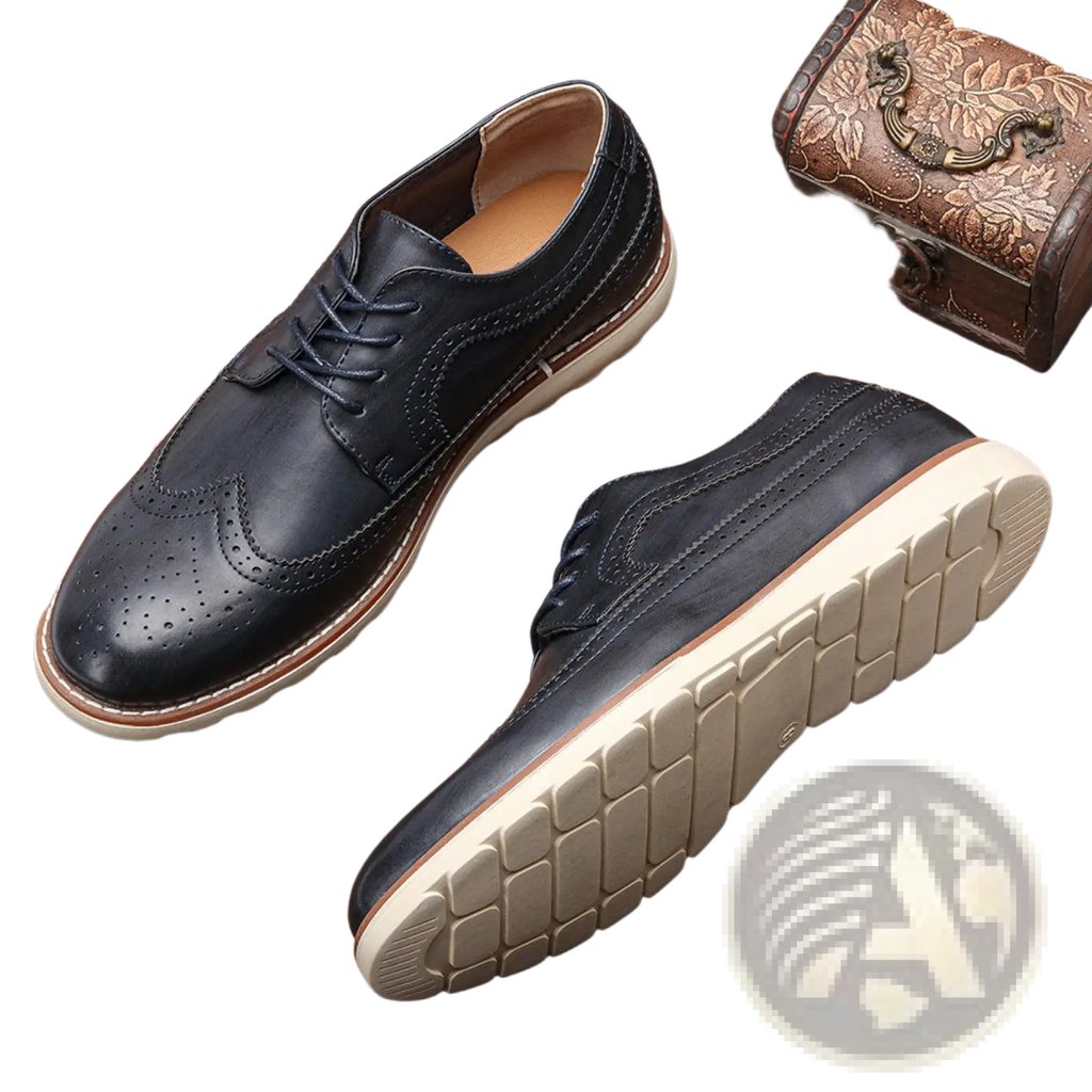 Men’s brogue casual leather sneakers in black with perforated detailing and cream rubber sole for lightweight comfort