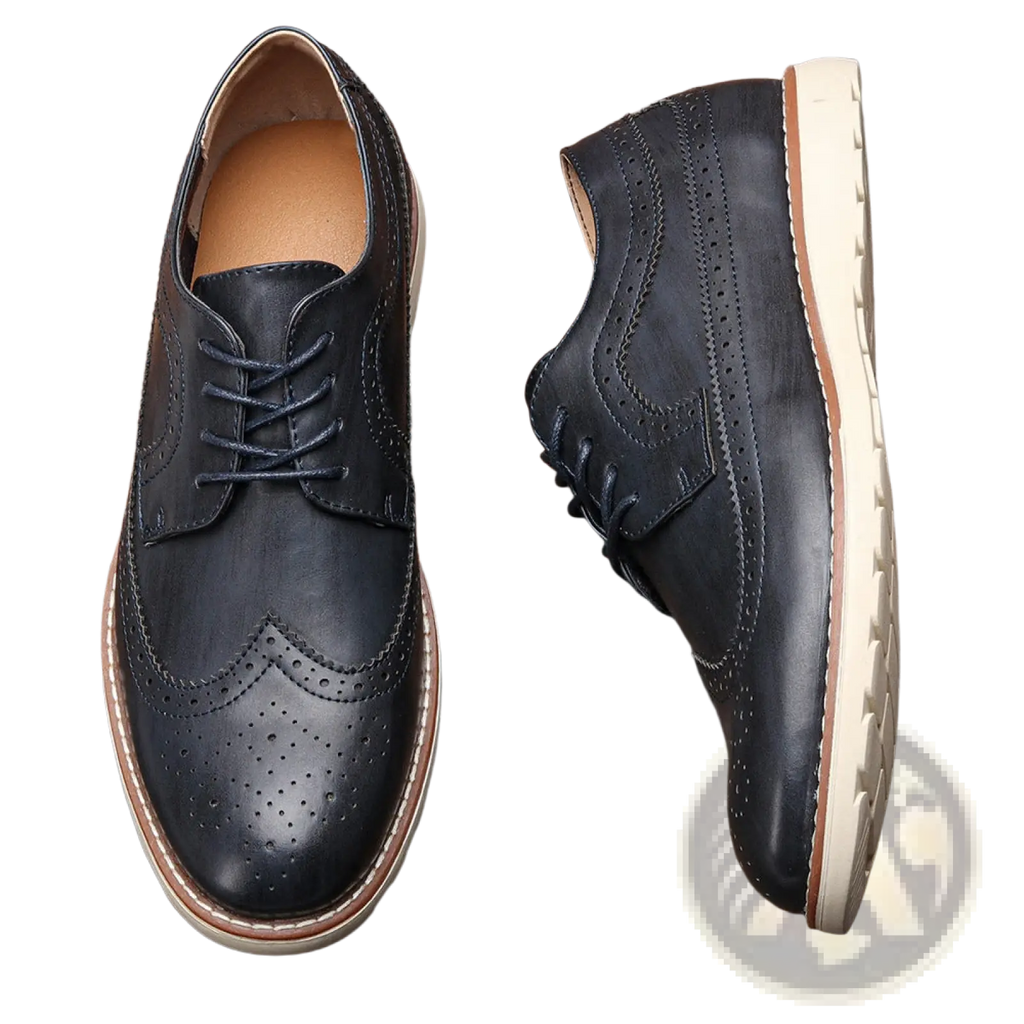 Men’s brogue casual leather sneakers in black with perforated detailing and a contrasting cream-colored sole