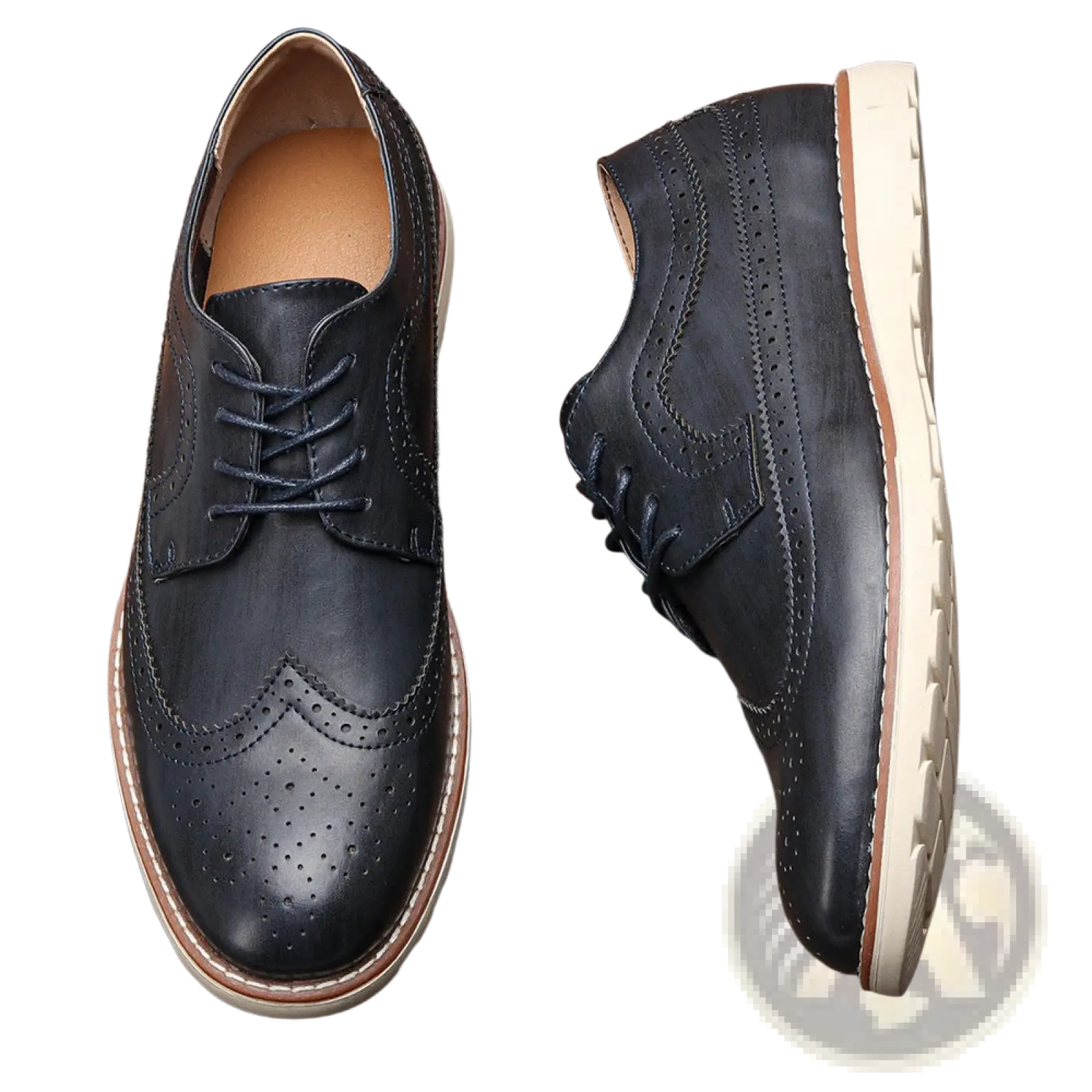 Men’s brogue casual leather sneakers in black with perforated detailing and a contrasting cream-colored sole