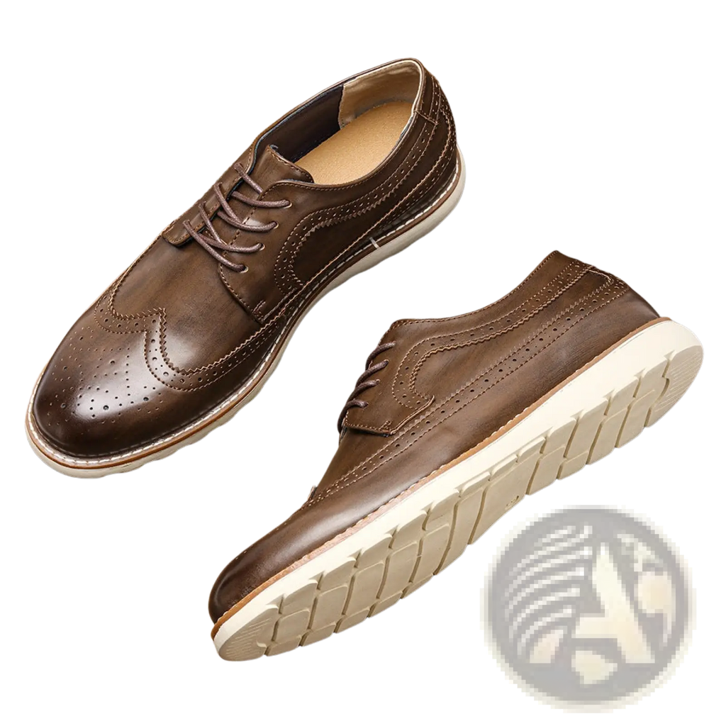 Men’s brogue casual leather sneakers in brown with perforated detailing and white rubber sole for lightweight comfort