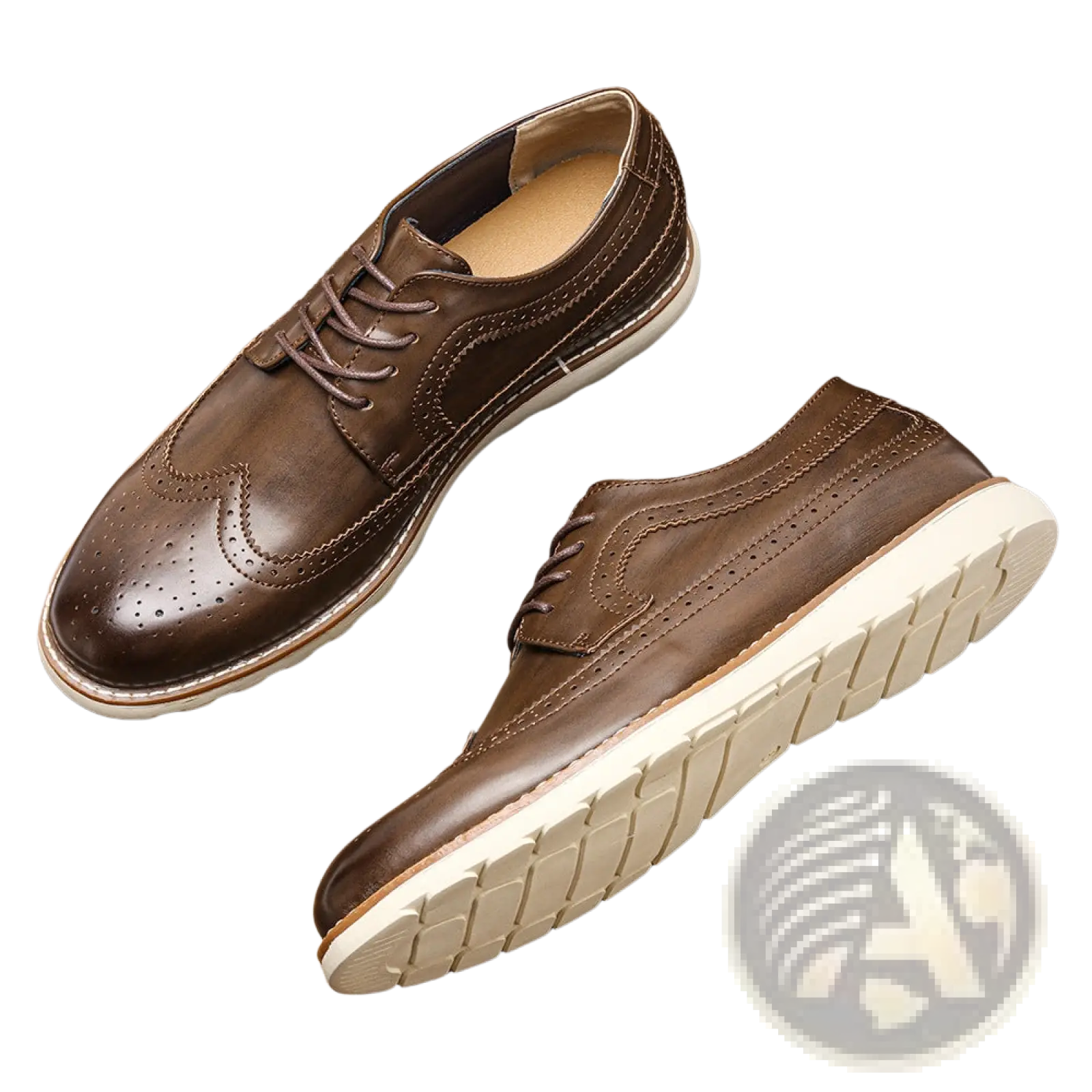 Men’s brogue casual leather sneakers in brown with perforated detailing and white rubber sole for lightweight comfort