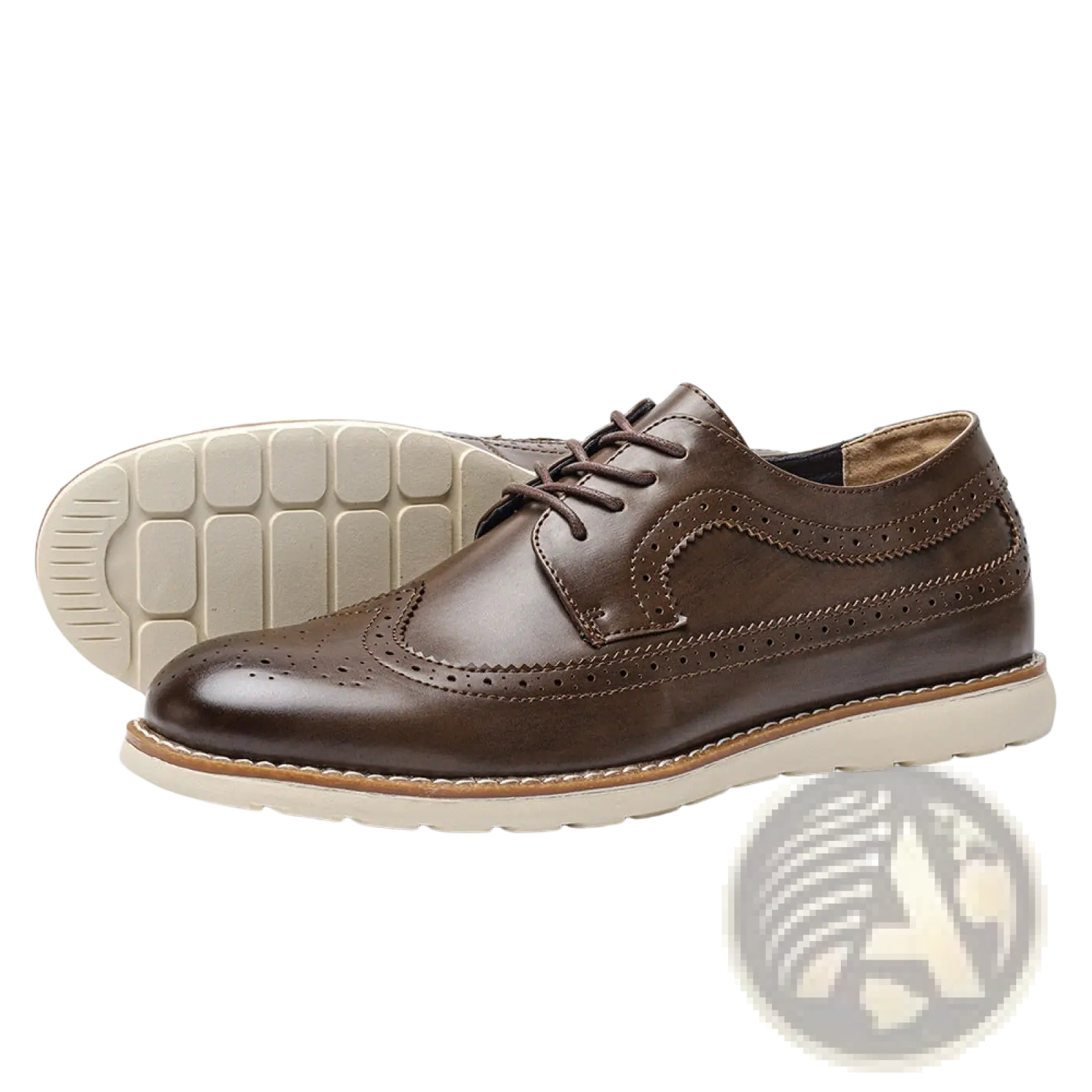 Men’s brogue casual leather sneaker in brown with perforated detailing and a light beige rubber sole