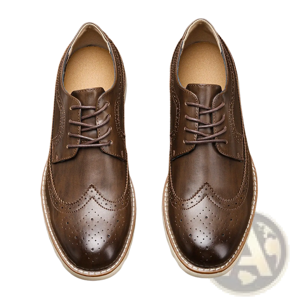 Men’s brogue casual leather sneakers in brown with perforated detailing and lightweight white soles for everyday wear
