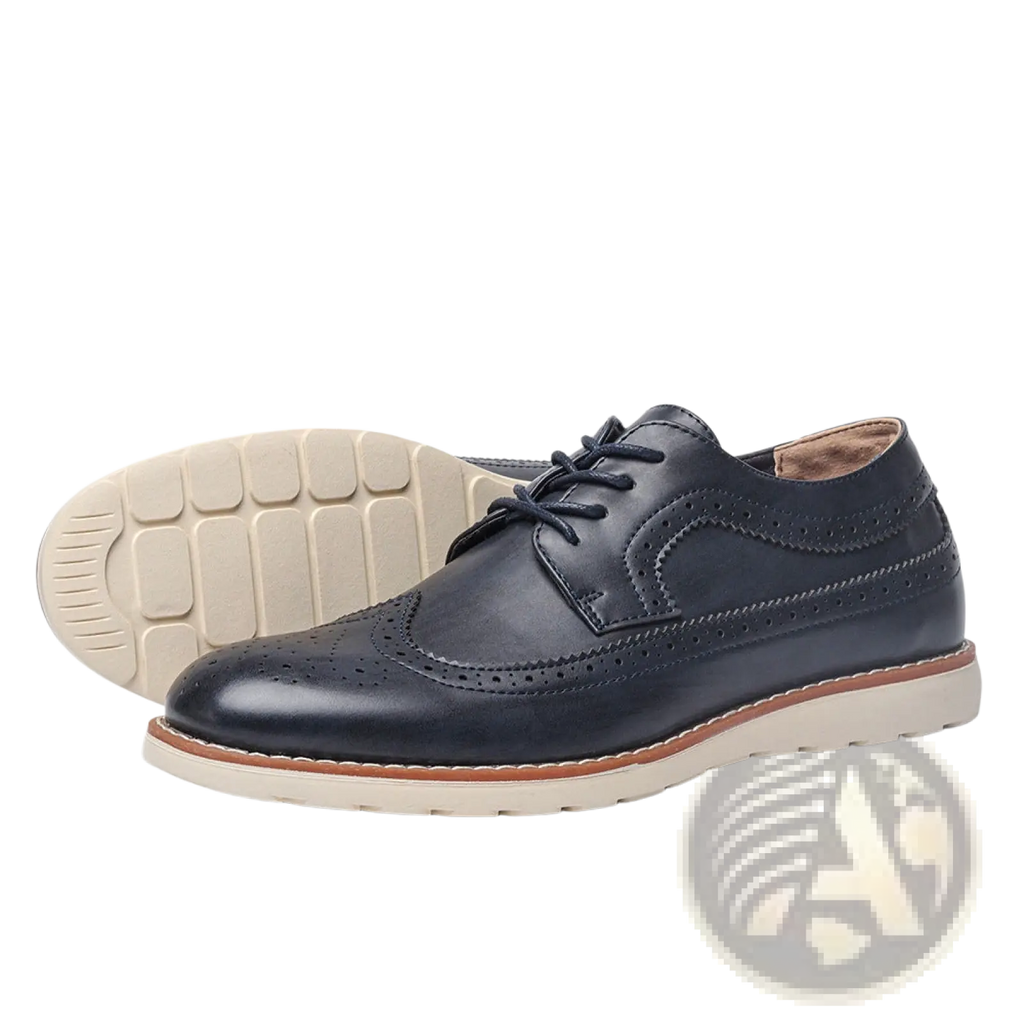 Men’s brogue casual leather sneakers in dark navy with perforated detailing and contrasting tan sole, lightweight design