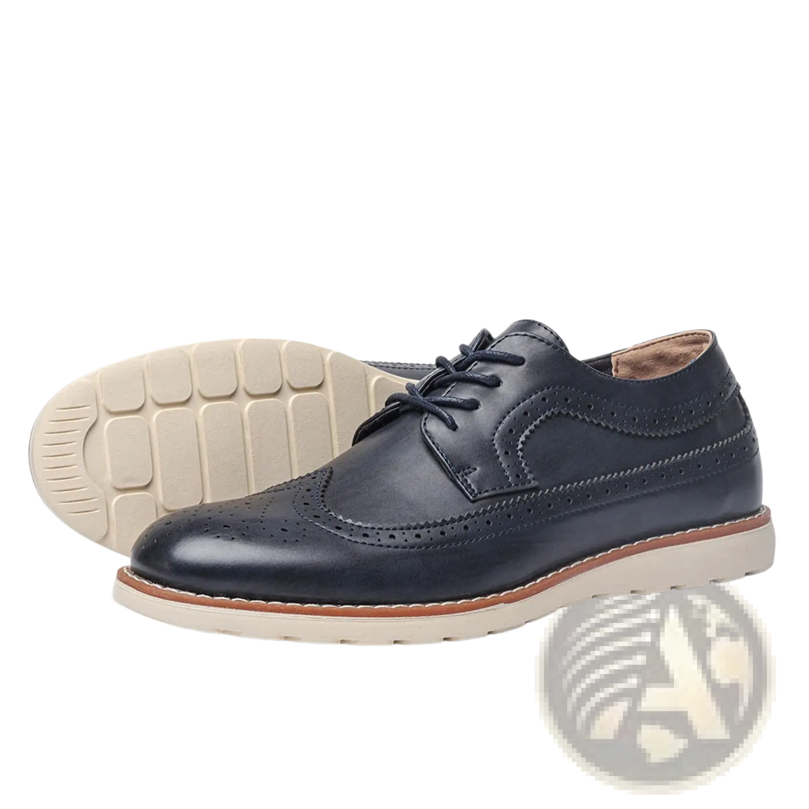 Men’s brogue casual leather sneakers in dark navy with perforated detailing and contrasting tan sole, lightweight design