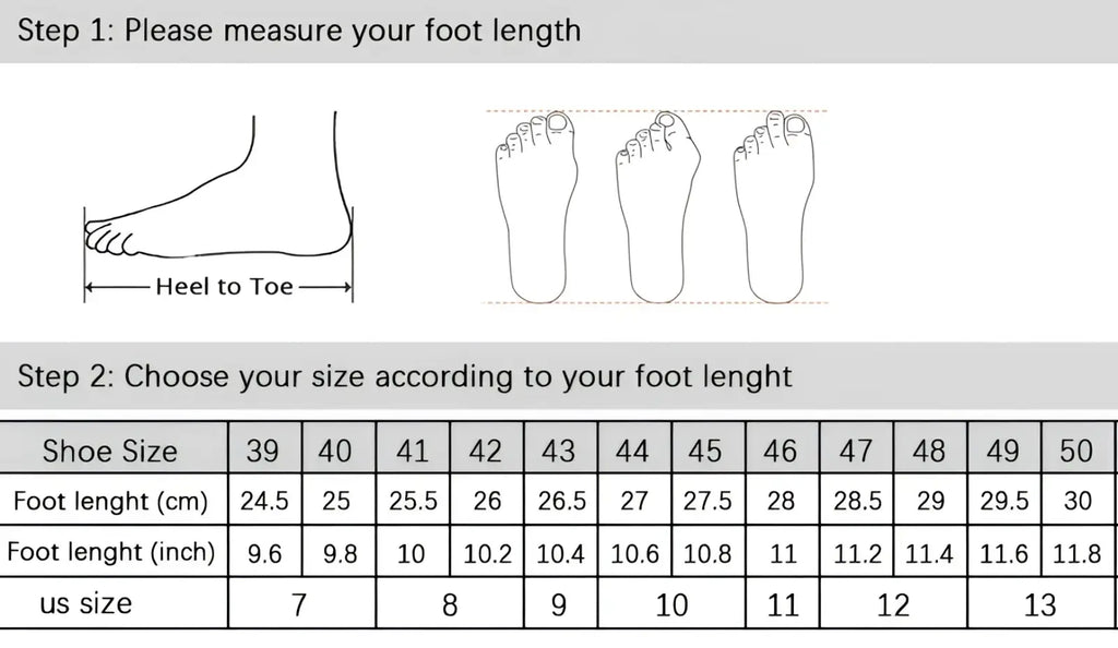 A men’s brogue casual leather sneaker size chart showing foot length in cm and inches with US size references