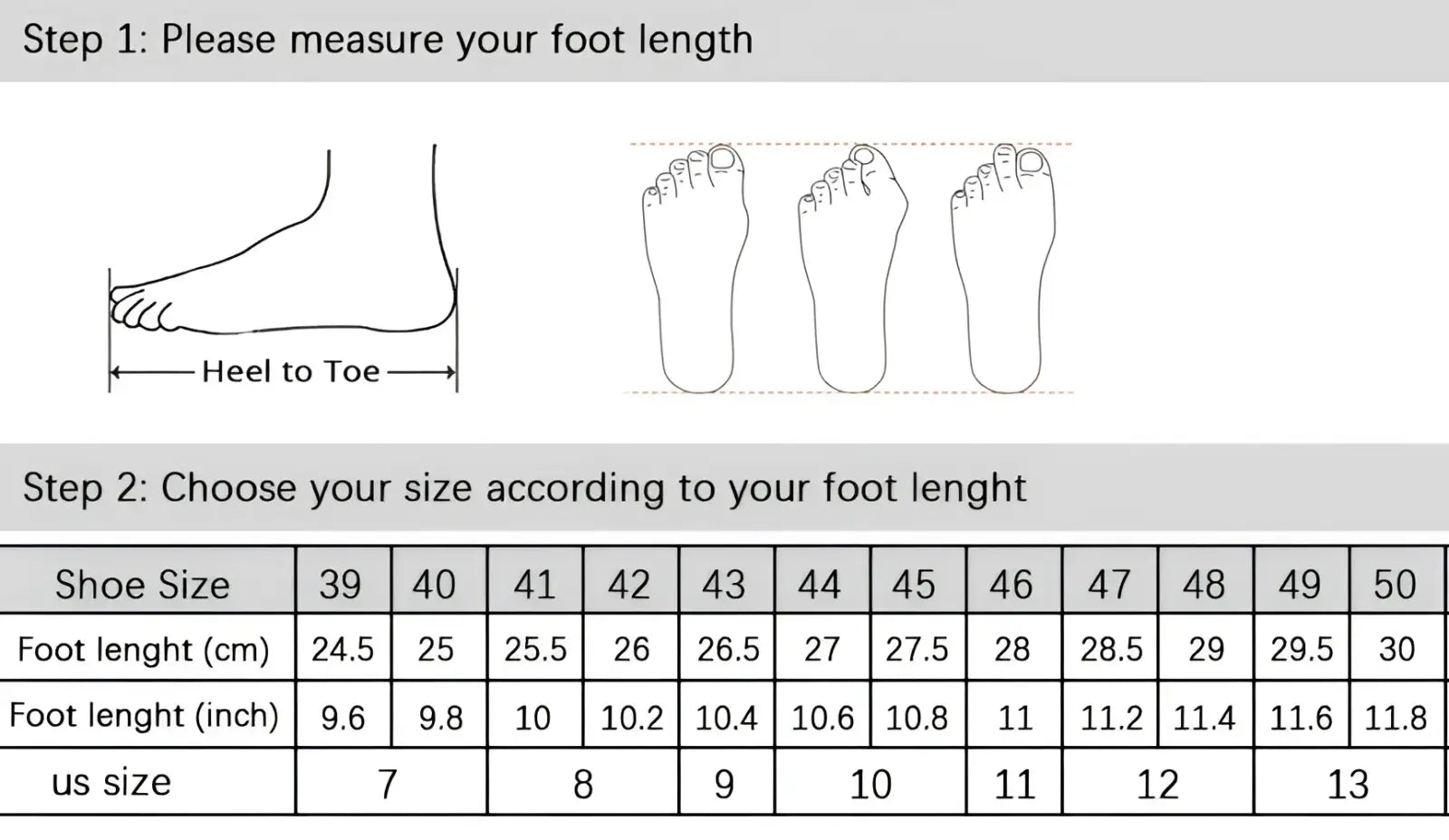 A men’s brogue casual leather sneaker size chart showing foot length in cm and inches with US size references