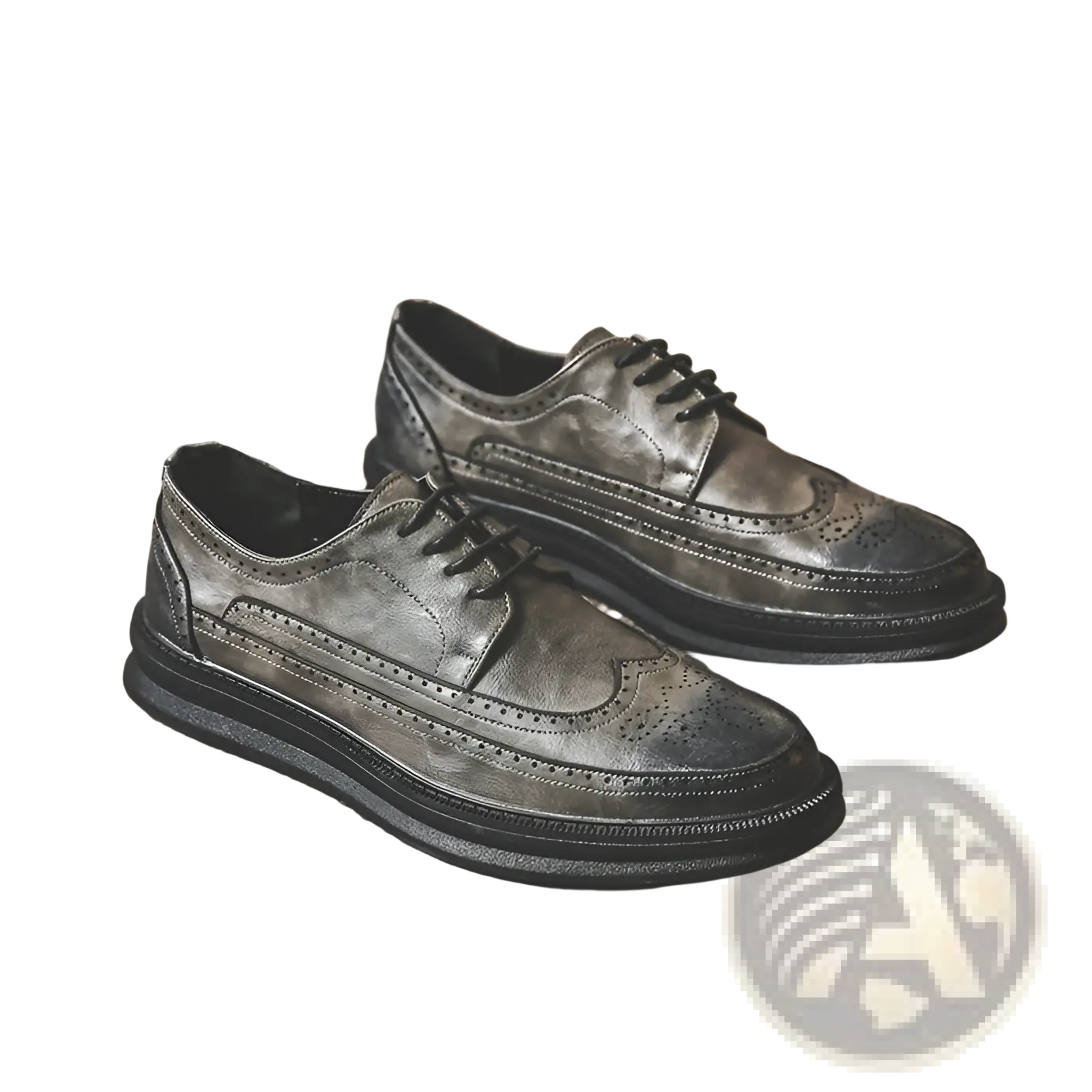 Men’s dark gray leather brogue oxford shoes with black laces and chunky rubber sole for business casual wear