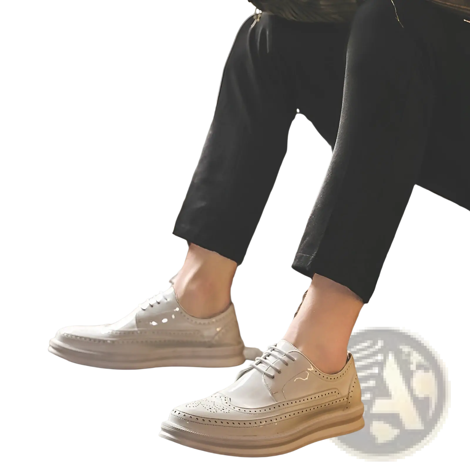 Cream-colored leather men’s brogue oxford shoes with perforated detailing and a chunky sole for business casual wear