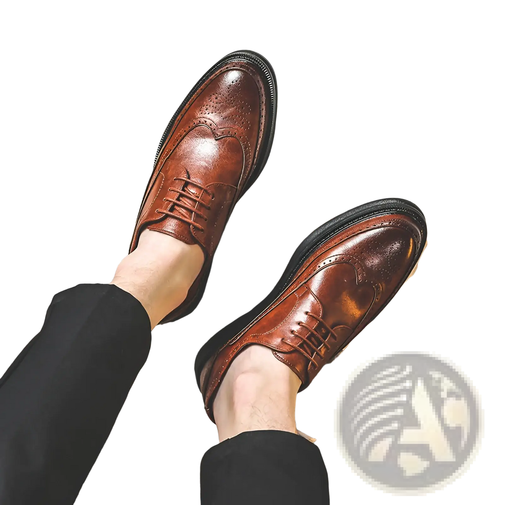 Men’s brown leather brogue oxford shoes with detailed perforations and black chunky soles for business casual wear