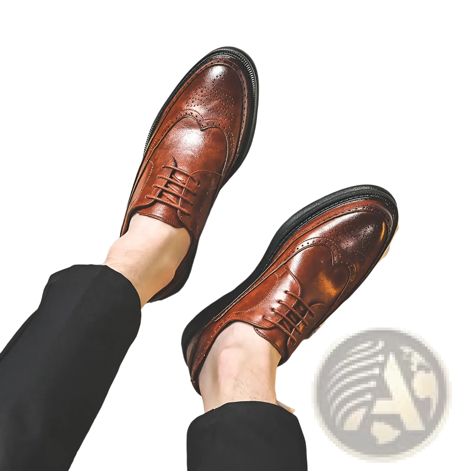 Men’s brown leather brogue oxford shoes with detailed perforations and black chunky soles for business casual wear
