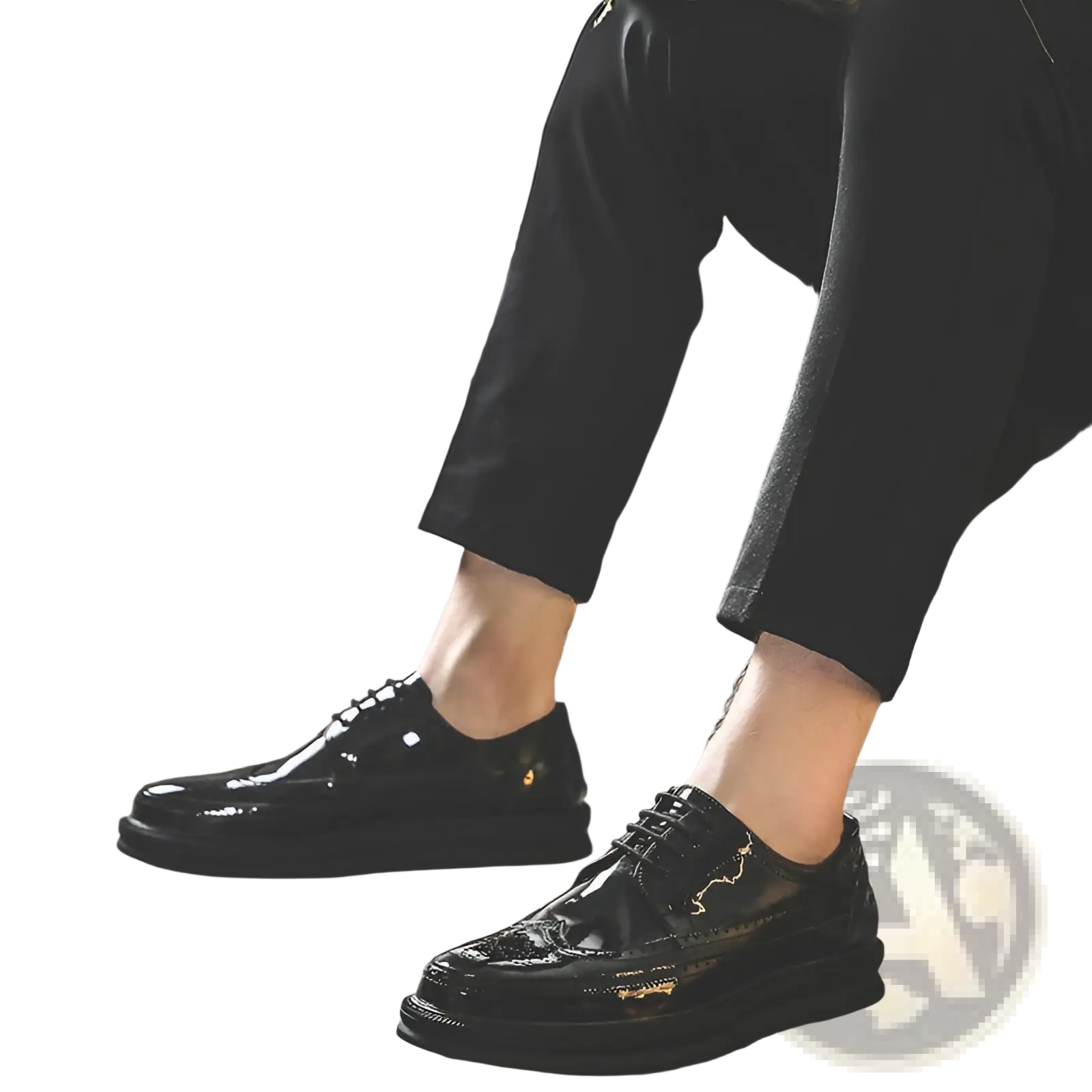 Men’s black patent leather brogue oxford shoes with gold accents and chunky soles for business casual wear