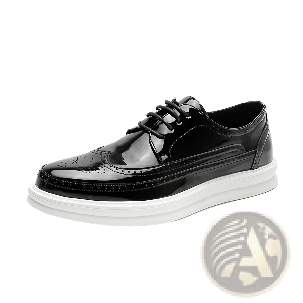Black patent leather men’s brogue oxford shoe with white chunky platform sole for business casual wear