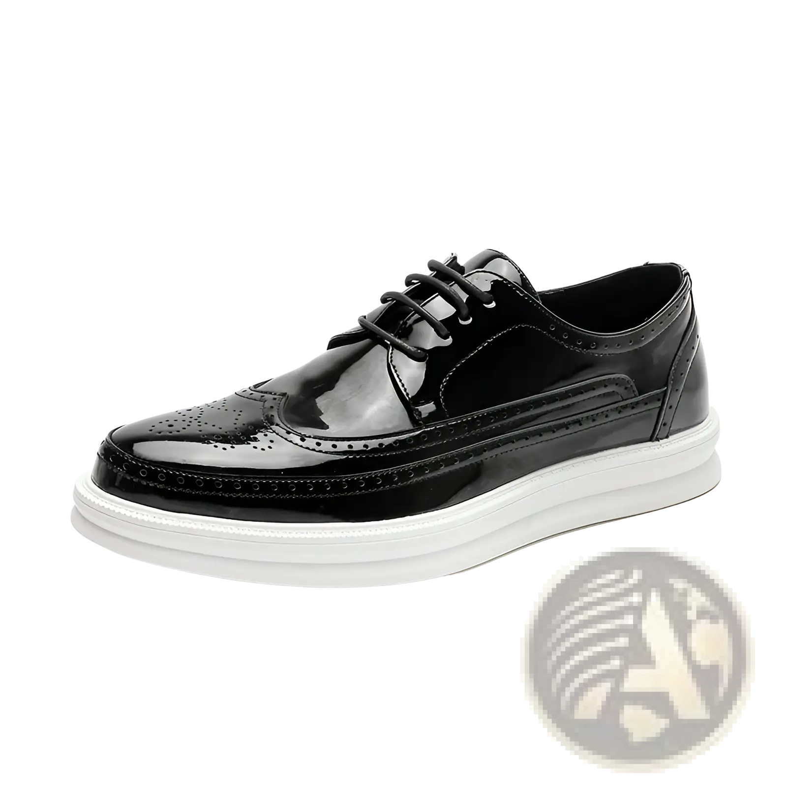 Black patent leather men’s brogue oxford shoe with white chunky platform sole for business casual wear