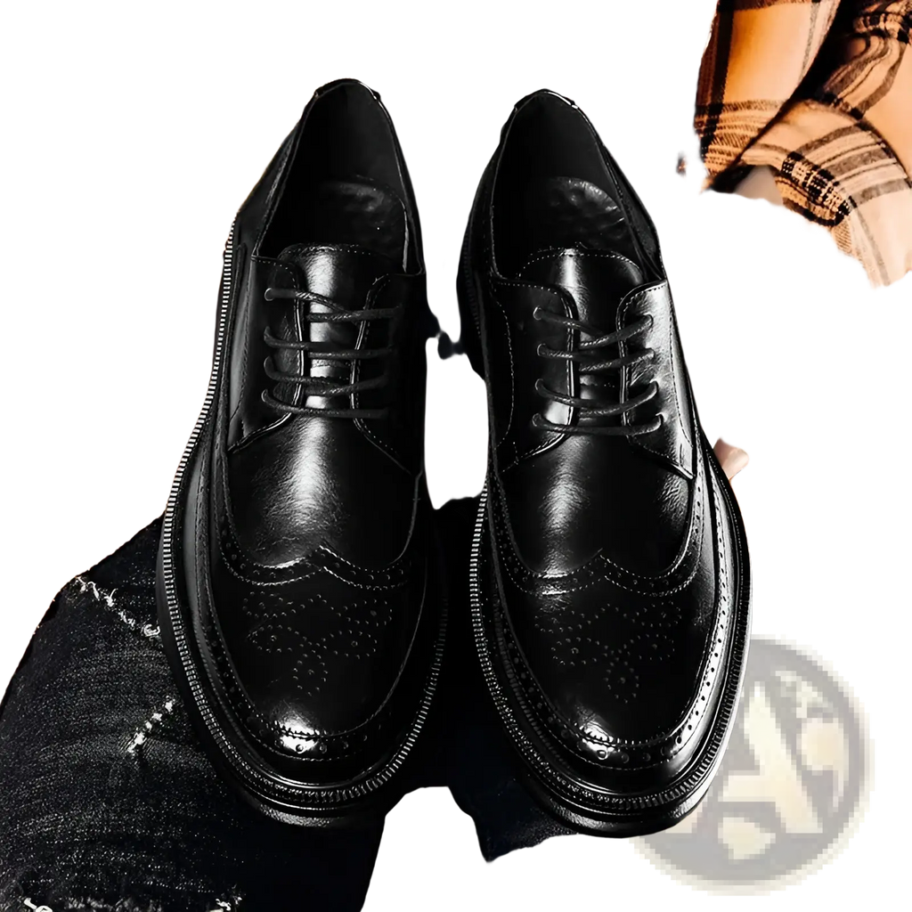 Men’s black leather brogue oxford shoes with perforated detailing and polished finish for business casual wear