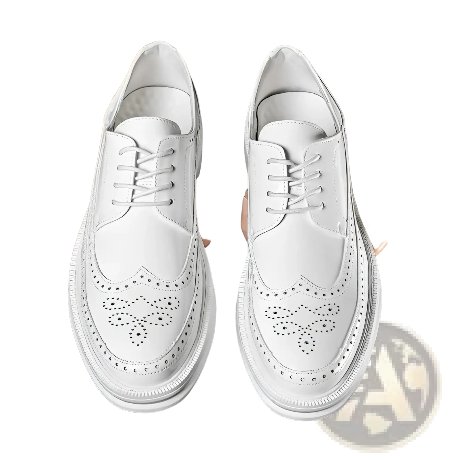 White leather mens brogue oxford shoes with perforated detailing and a chunky sole for business casual wear