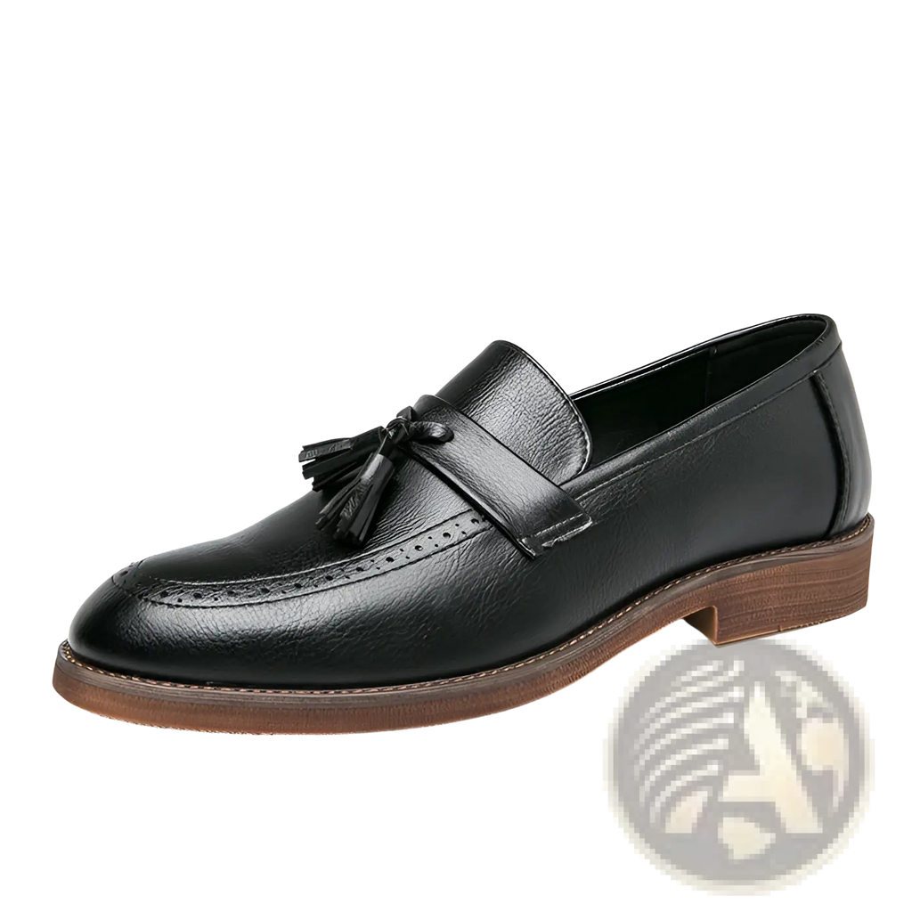 Men’s brogue tassel leather loafers in black with brown rubber sole and detailed brogue design