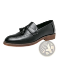 Men’s brogue tassel leather loafers in black with brown rubber sole and detailed brogue design