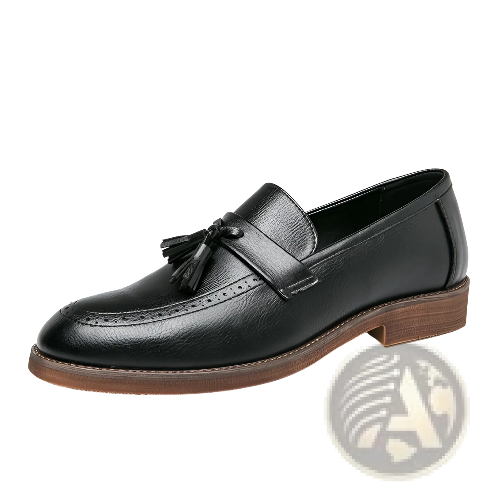 Men’s brogue tassel leather loafers in black with brown rubber sole and detailed brogue design